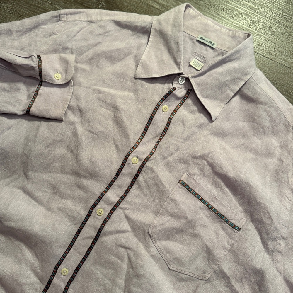 120% Lino Shirt Mens XL Purple 100% Linen Embroidered Trim Made in Italy Luxury